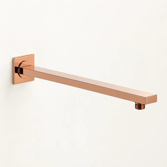 Rose gold flat brass shower arm, 400 mm long, with a square wall flange and downward-facing threaded connector for an overhead shower head.