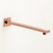 Rose gold flat brass shower arm, 400 mm long, with a square wall flange and downward-facing threaded connector for an overhead shower head.