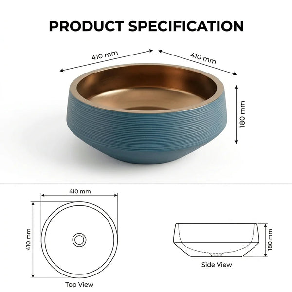 Round Table Top Wash Basin in Teal Blue & Gold Finish – Ribbed Counter top Basin (16 × 16 × 7 In)