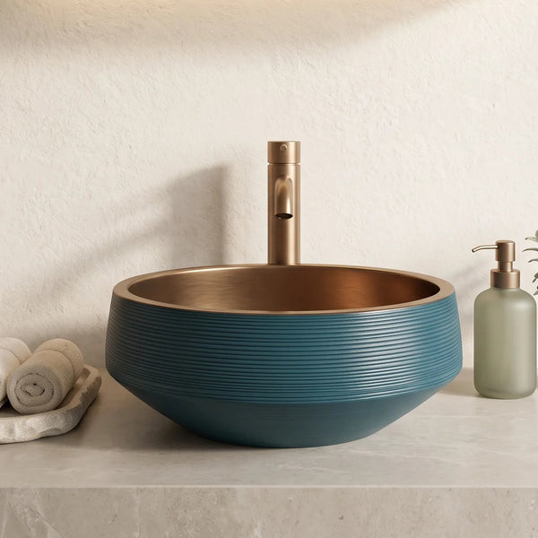 Round Table Top Wash Basin in Teal Blue & Gold Finish – Ribbed Counter top Basin (16 × 16 × 7 In)