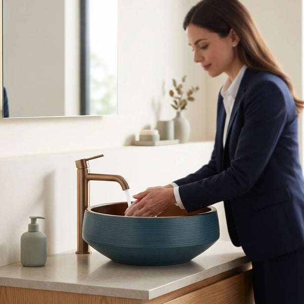 Round Table Top Wash Basin in Teal Blue & Gold Finish – Ribbed Counter top Basin (16 × 16 × 7 In)