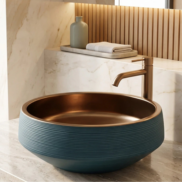 Round Table Top Wash Basin in Teal Blue & Gold Finish – Ribbed Counter top Basin (16 × 16 × 7 In)