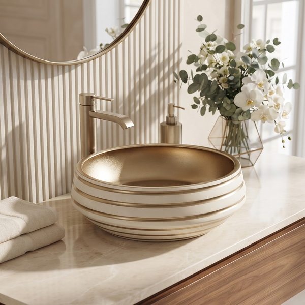 Round Table Top Wash Basin – Ivory & Gold Striped Exterior with Textured Gold Interior (16x16x7 In)
