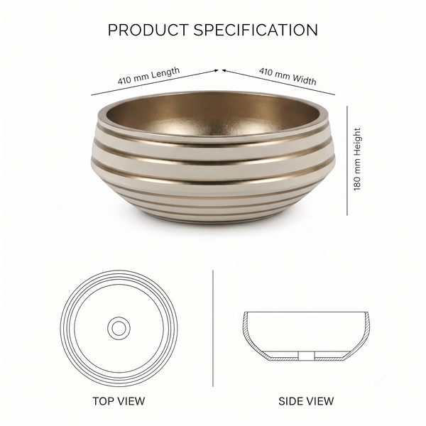 Round Table Top Wash Basin – Ivory & Gold Striped Exterior with Textured Gold Interior (16x16x7 In)