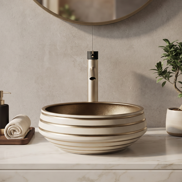 Round Table Top Wash Basin – Ivory & Gold Striped Exterior with Textured Gold Interior (16x16x7 In)