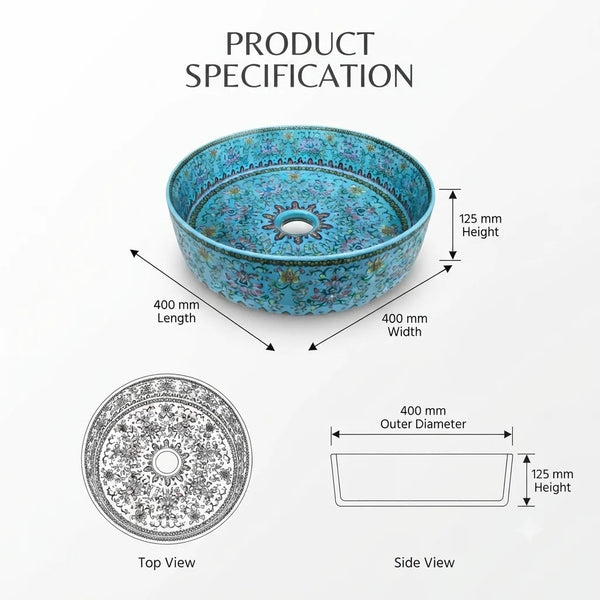 Designer Round Ceramic Wash Basin (Glossy Blue with Moroccan Art Design 16 x 16 x 5 In- AB604) Blue