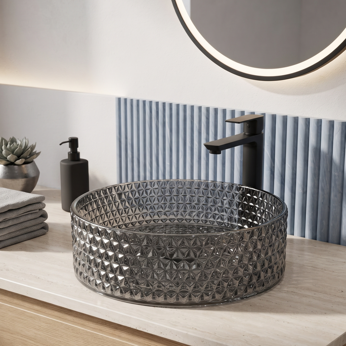 Smoky Black round glass table top wash basin with geometric diamond texture, 400 × 400 × 120 mm, for modern luxury bathrooms.