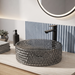 Smoky Black round glass table top wash basin with geometric diamond texture, 400 × 400 × 120 mm, for modern luxury bathrooms.