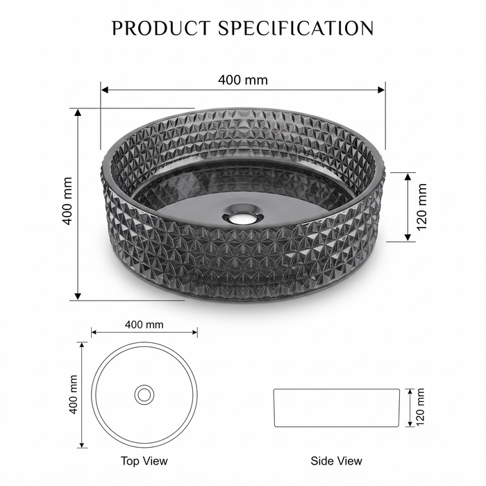Smoky Black round glass table top wash basin with geometric diamond texture, 400 × 400 × 120 mm, for modern luxury bathrooms.