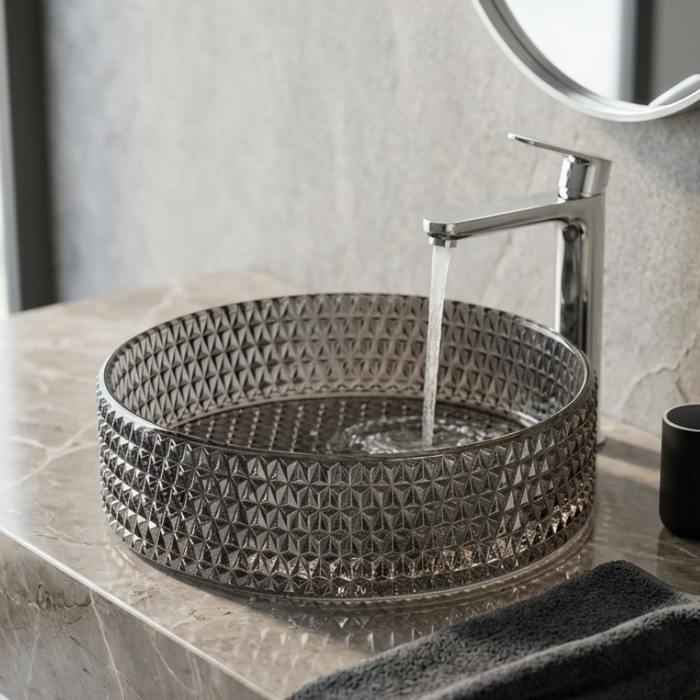 Smoky Black round glass table top wash basin with geometric diamond texture, 400 × 400 × 120 mm, for modern luxury bathrooms.