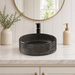 Smoky Black round glass table top wash basin with geometric diamond texture, 400 × 400 × 120 mm, for modern luxury bathrooms.