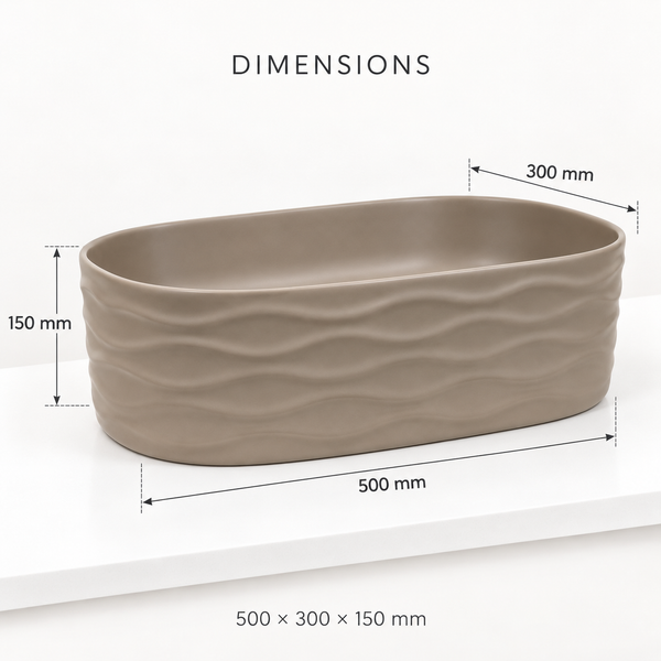 Luxury Oval Ceramic Table Top Wash Basin – Taupe Beige Wave Textured Glossy Finish Designer Countertop Basin for Modern Bathrooms (20" x 12" x 6")