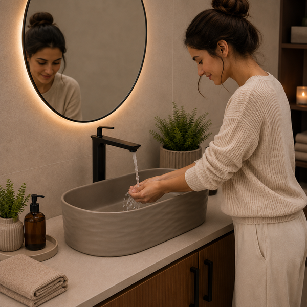 Luxury Oval Ceramic Table Top Wash Basin – Taupe Beige Wave Textured Glossy Finish Designer Countertop Basin for Modern Bathrooms (20" x 12" x 6")