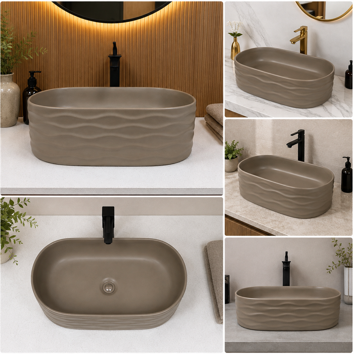 Taupe tabletop wash basin with a matte finish and wave-textured exterior, shown from multiple angles in a modern bathroom setting.