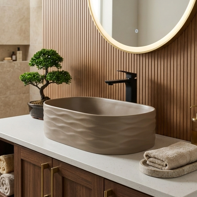 Taupe tabletop wash basin with a matte finish and wave-textured exterior, shown from multiple angles in a modern bathroom setting.