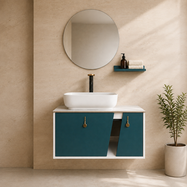 Modern Teal & White Wall-Mounted Bathroom Vanity Set with Basin, Mirror and Shelf
