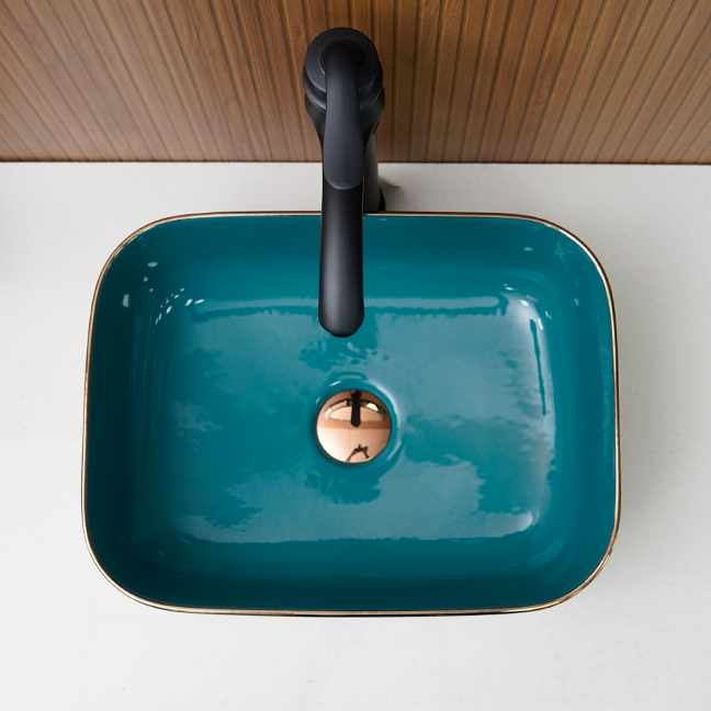 Teal blue and gold rectangular table top wash basin 400 × 300 × 140 mm with glossy finish and ornate floral pattern, designed for modern luxury bathrooms.