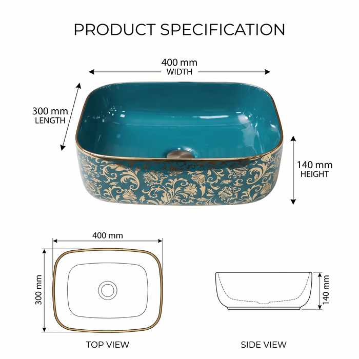Teal blue and gold rectangular table top wash basin 400 × 300 × 140 mm with glossy finish and ornate floral pattern, designed for modern luxury bathrooms.