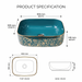 Teal blue and gold rectangular table top wash basin 400 × 300 × 140 mm with glossy finish and ornate floral pattern, designed for modern luxury bathrooms.