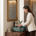 Teal blue and gold rectangular table top wash basin 400 × 300 × 140 mm with glossy finish and ornate floral pattern, designed for modern luxury bathrooms.