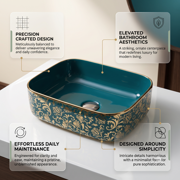 Teal blue and gold rectangular table top wash basin 400 × 300 × 140 mm with glossy finish and ornate floral pattern, designed for modern luxury bathrooms.