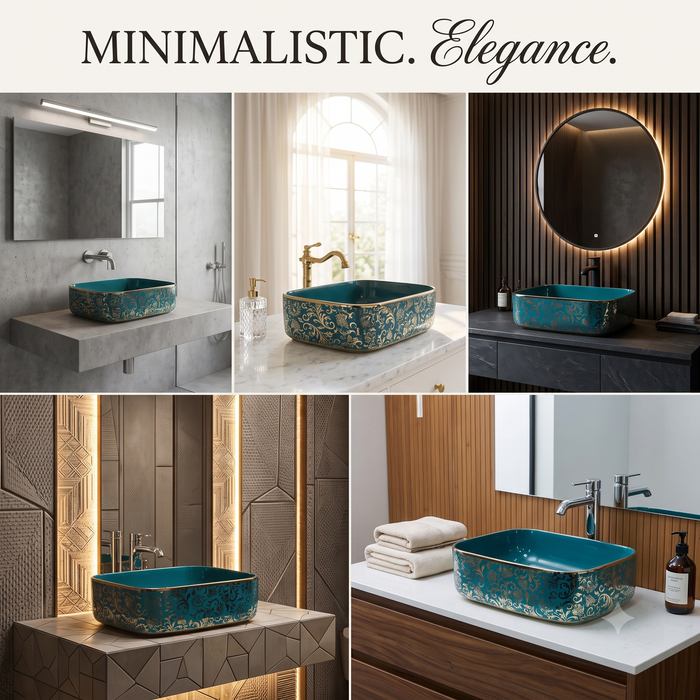 Teal blue and gold rectangular table top wash basin 400 × 300 × 140 mm with glossy finish and ornate floral pattern, designed for modern luxury bathrooms.