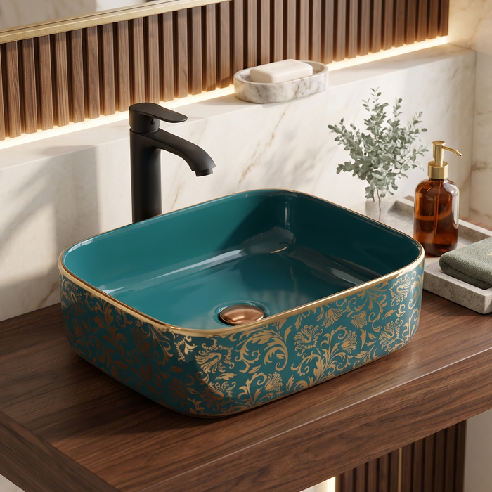 Teal blue and gold rectangular table top wash basin 400 × 300 × 140 mm with glossy finish and ornate floral pattern, designed for modern luxury bathrooms.