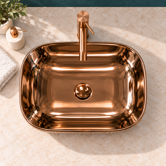 Luxury Gold Rectangular Wash Basin | Gloss Ceramic Counter Top Basin | 18x13x5 inch | Rose Gold