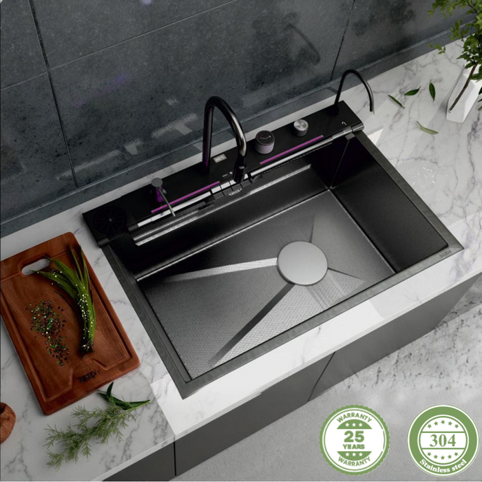 Rorex By Bassino Premium Smart Kitchen Sink – 304 Stainless Steel | Piano Switch Control | PVD Coated | Pull-Out Faucet | Cup Washer | RO Tap | Drainage Knob | 30x18x9 | 25 Years warranty Black