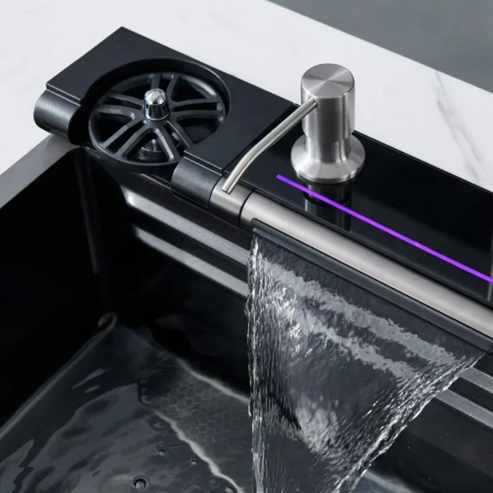 Rorex By Bassino Premium Smart Kitchen Sink – 304 Stainless Steel | Piano Switch Control | PVD Coated | Pull-Out Faucet | Cup Washer | RO Tap | Drainage Knob | 30x18x9 | 25 Years warranty Black