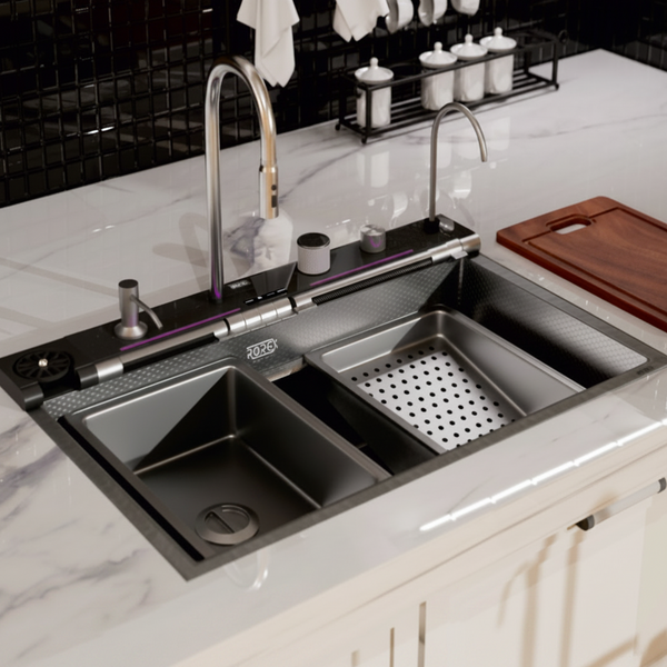 Rorex By Bassino Premium Smart Kitchen Sink – 304 Stainless Steel | Piano Switch Control | PVD Coated | Pull-Out Faucet | Cup Washer | RO Tap | Drainage Knob | 30x18x9 | 25 Years warranty Silver