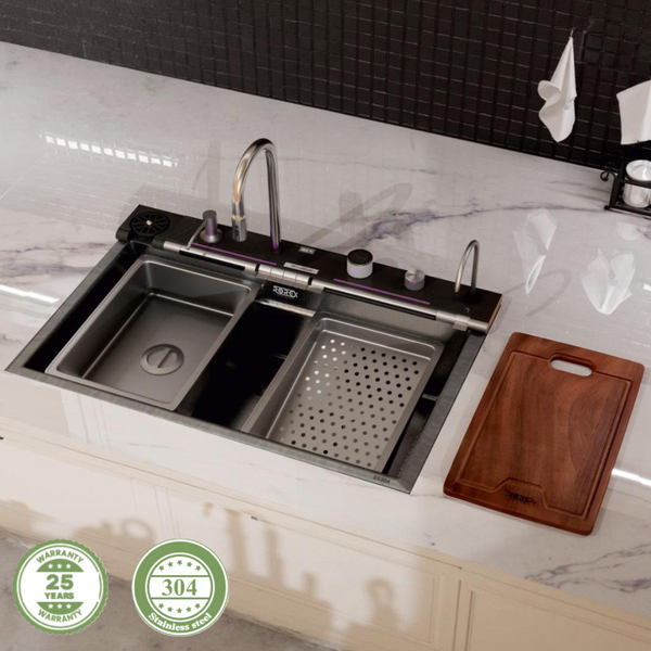 Rorex By Bassino Premium Smart Kitchen Sink – 304 Stainless Steel | Piano Switch Control | PVD Coated | Pull-Out Faucet | Cup Washer | RO Tap | Drainage Knob | 30x18x9 | 25 Years warranty Silver