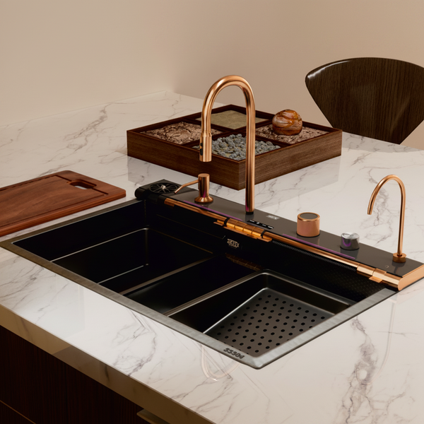 Rorex By Bassino Premium Smart Kitchen Sink – 304 Stainless Steel | Piano Switch Control | PVD Coated | Pull-Out Faucet | Cup Washer | RO Tap | Drainage Knob | 30x18x9 | 25 Years warranty Black-Rosegold