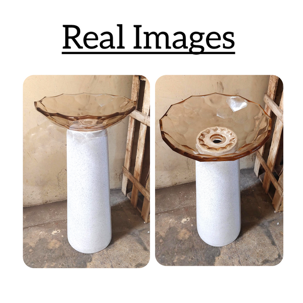 Glass Pedestal Wash Basin,size-16x16x34 Inch White Sand Stone