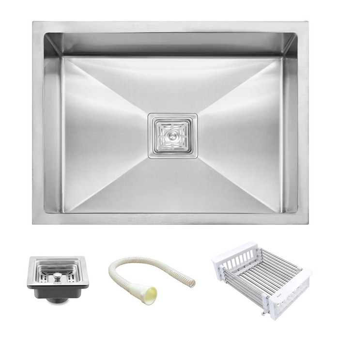 Bassino Handmade 304 GRADE Kitchen Sink 22x18 Inch ,Satin Finish, 25 Years Warranty