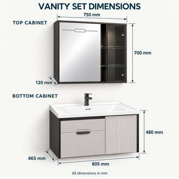 800mm Wall-Mounted Bathroom Vanity Set with Wash Basin, Mirror Cabinet & Fluted Storage Door