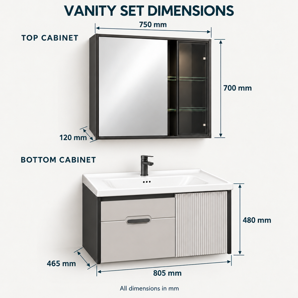 800mm Wall-Mounted Bathroom Vanity Set with Wash Basin, Mirror Cabinet & Fluted Storage Door