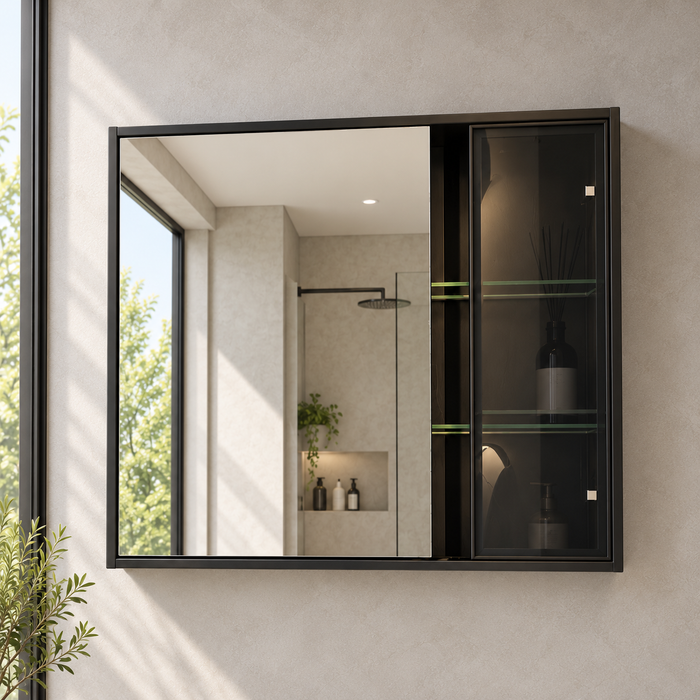 Wall-mounted bathroom vanity set with white basin, light grey cabinet, fluted door and dark-framed mirror cabinet.