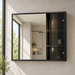Wall-mounted bathroom vanity set with white basin, light grey cabinet, fluted door and dark-framed mirror cabinet.