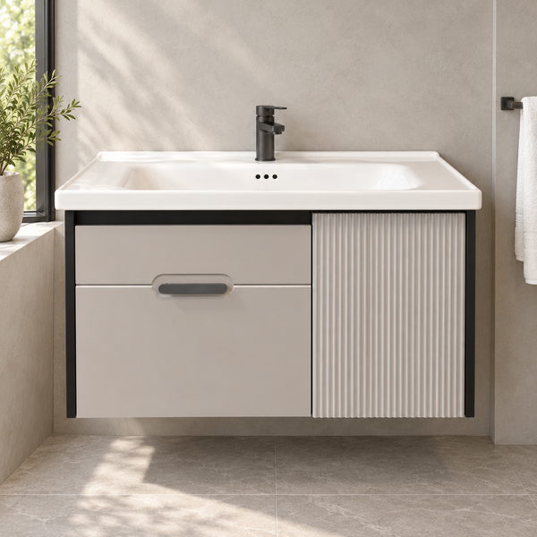 800mm Wall-Mounted Bathroom Vanity Set with Wash Basin, Mirror Cabinet & Fluted Storage Door