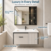 Wall-mounted bathroom vanity set with white basin, light grey cabinet, fluted door and dark-framed mirror cabinet.