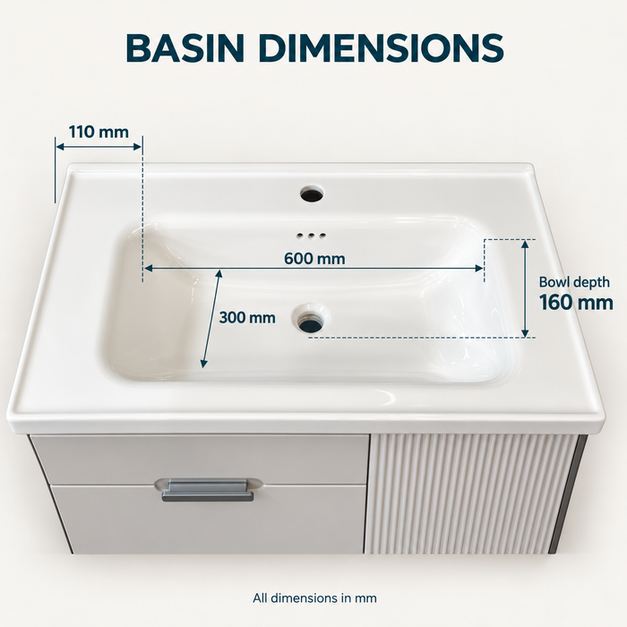Wall-mounted bathroom vanity set with white basin, light grey cabinet, fluted door and dark-framed mirror cabinet.