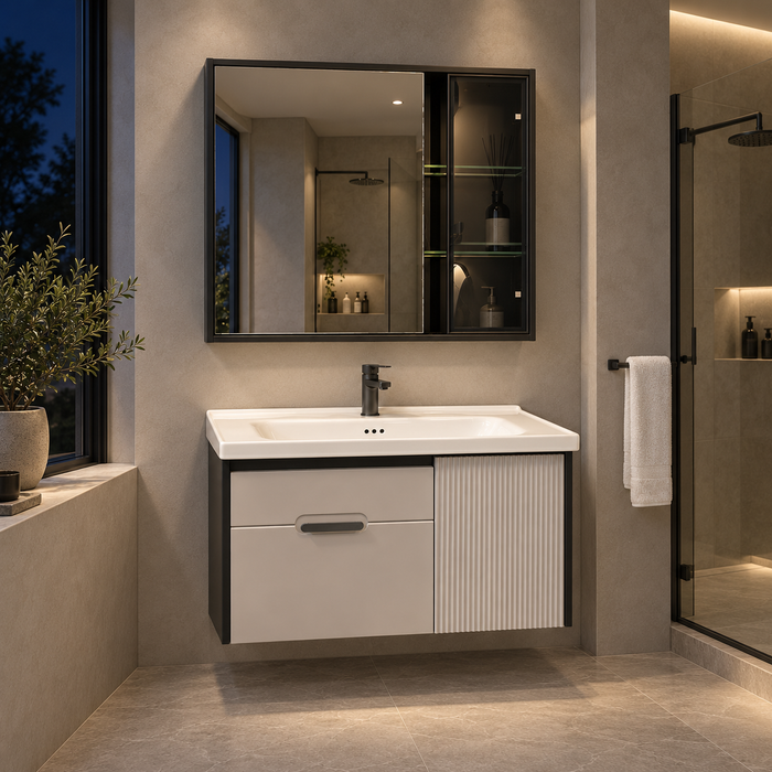 Wall-mounted bathroom vanity set with white basin, light grey cabinet, fluted door and dark-framed mirror cabinet.