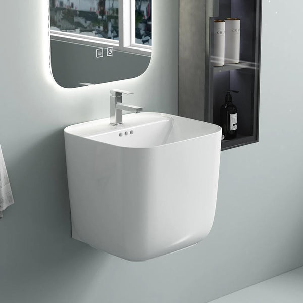 Premium Ceramic Wall mount Wash Basin, White Finish (17 × 18 × 16 In)