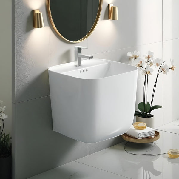 Premium Ceramic Wall mount Wash Basin, White Finish (17 × 18 × 16 In)