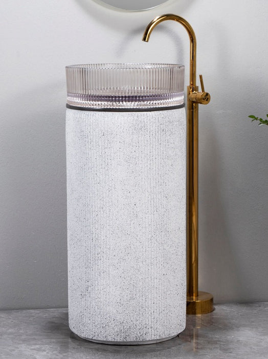 Glass Pedestal Wash Basin,size-16x16x34 Inch, White Sand Stone