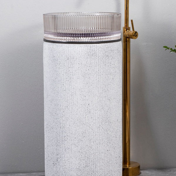 Glass Pedestal Wash Basin,size-16x16x34 Inch, White Sand Stone
