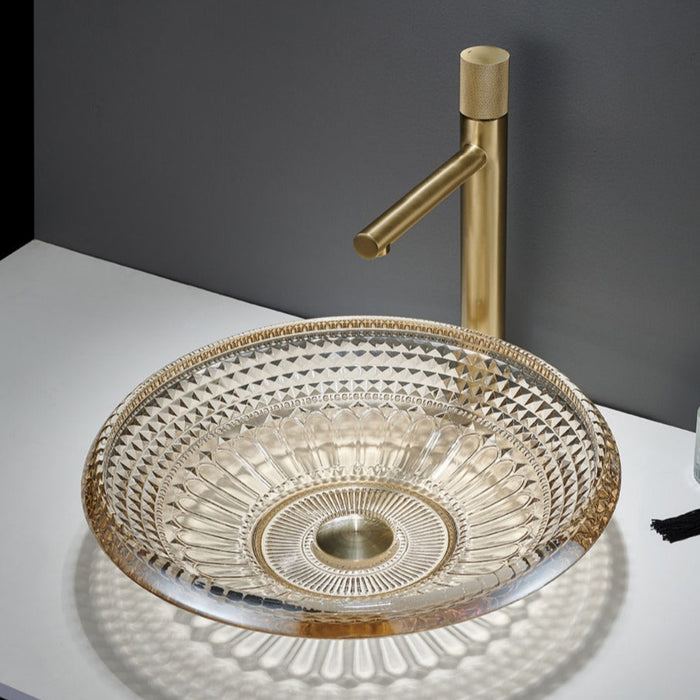 Bassino Modern Transparent Glass Wash Basin | Stylish Countertop Wash Basin for Bathroom–450x450x120 mm Brown