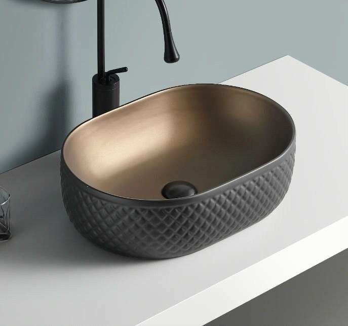 Premium Black Brown Ceramic Table Top Basin (20x14x6 In) BTT-11079