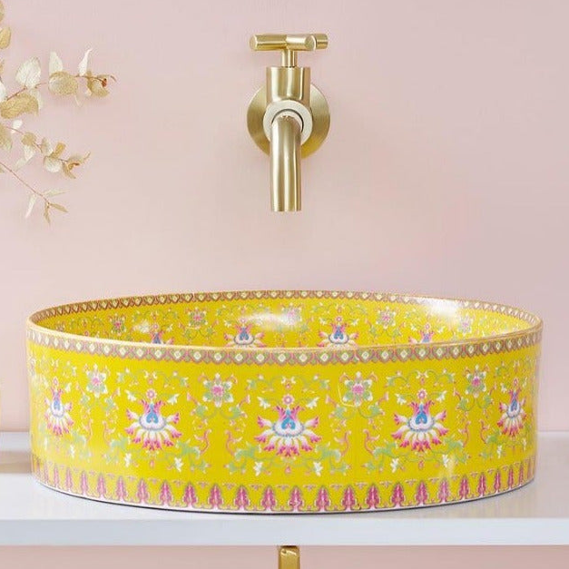 Designer Round Ceramic Wash Basin (Glossy Blue with Moroccan Art Design 16 x 16 x 5 In- AB604) Yellow
